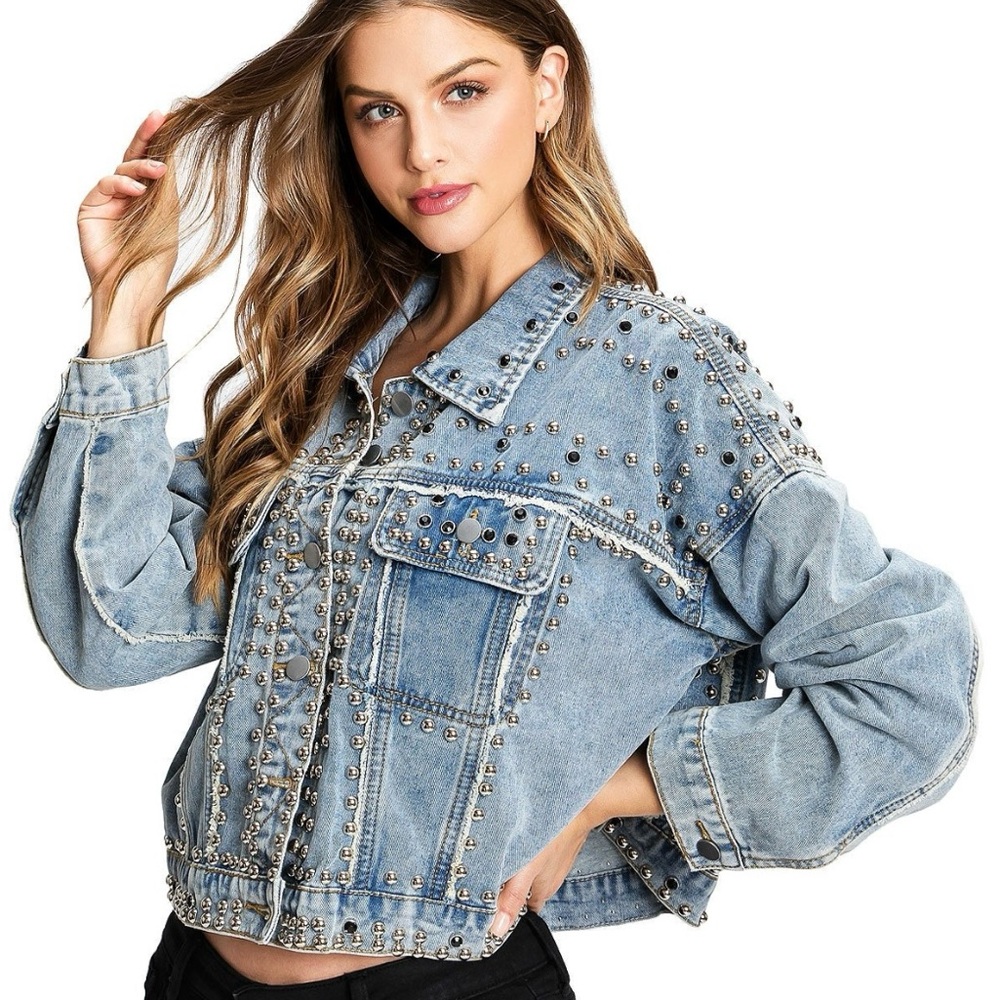 Oversized Athena Fringed Studded Denim Jacket